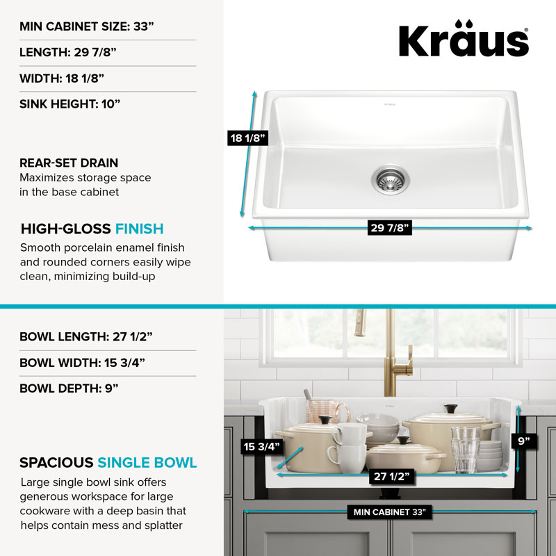 KRAUS Turino™ Drop-In Undermount Fireclay Single Bowl Kitchen Sink with Thick Mounting Deck in Gloss White, 30"