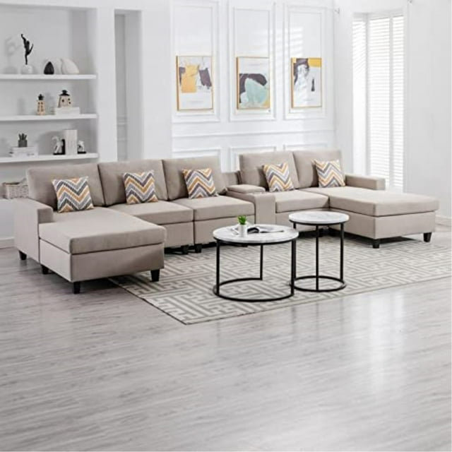 Esplanade 6Pc Double Chaise Sectional Sofa, Beige 100% Linen