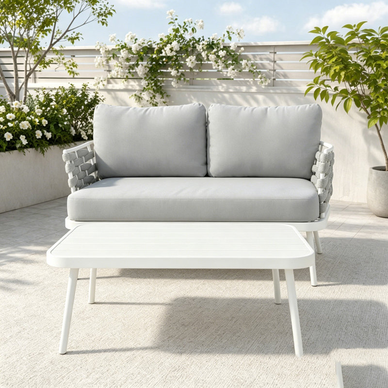 Causeuse et table en acier, Blanc cassé + gris