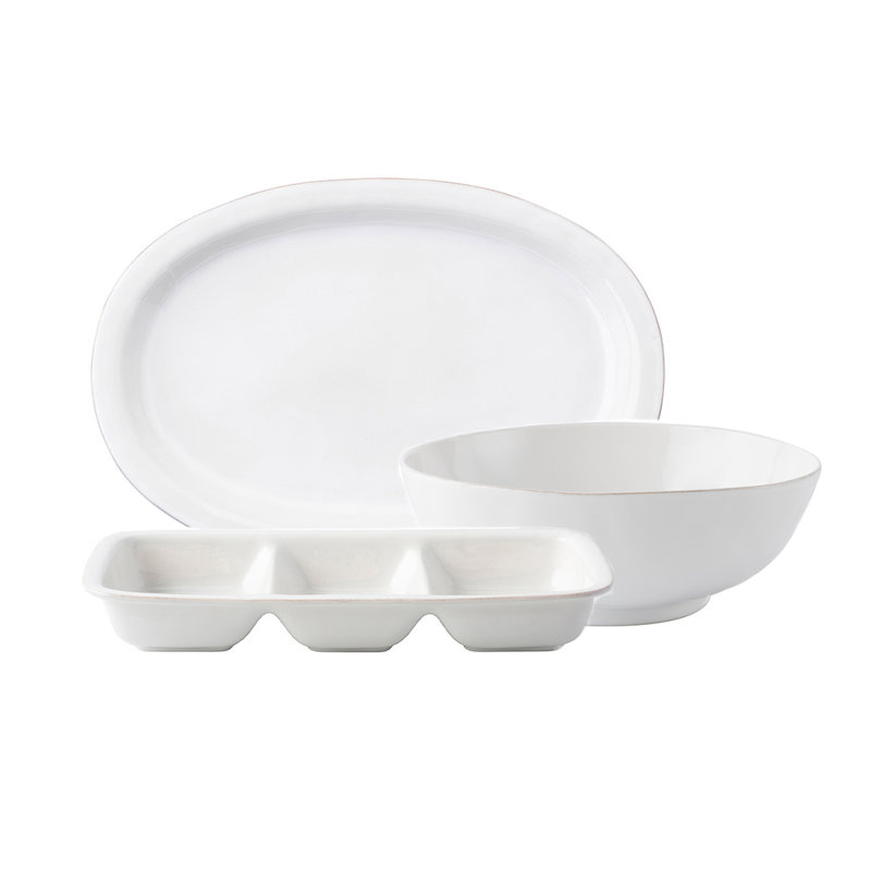 Rustic Whitewash Ceramic 3-Piece Serving Platter Set
