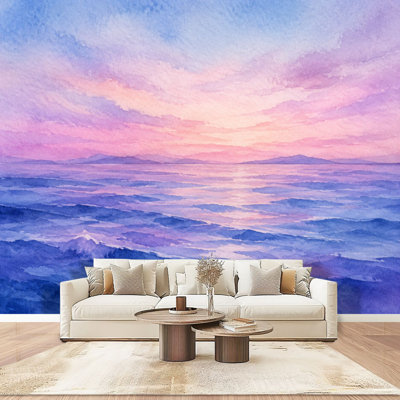 Papier peint adhésif pelez et collez aquarelle mauve paysage de mer abstrait flou Art mural auto-adhésif et amovible