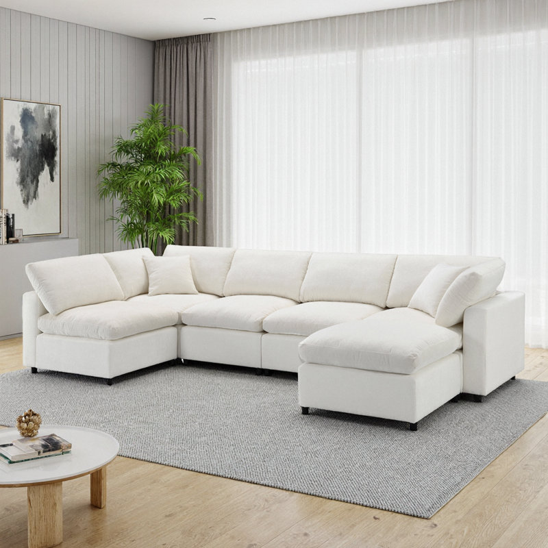 130" Cloud Modular Sofa Bed, 6-Seat U-Shaped Chenille Sectional with Ottoman, Free Combination Living Room Sleeper