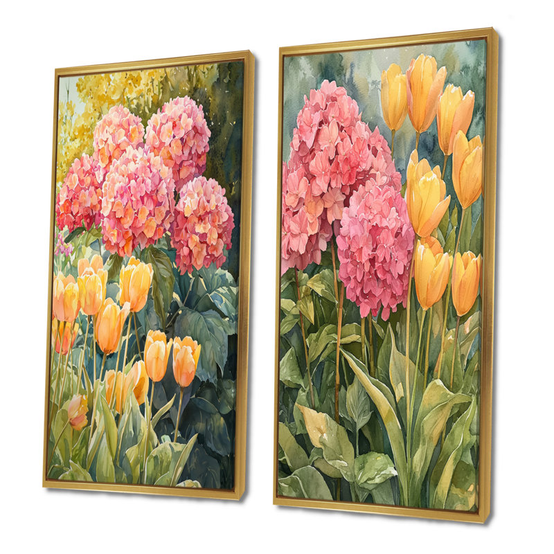 Hortensias dans le jardin printanier I - Collection d'art mural floral 2 pièces, Cadre flottant doré, H 32 po x l 33 po
