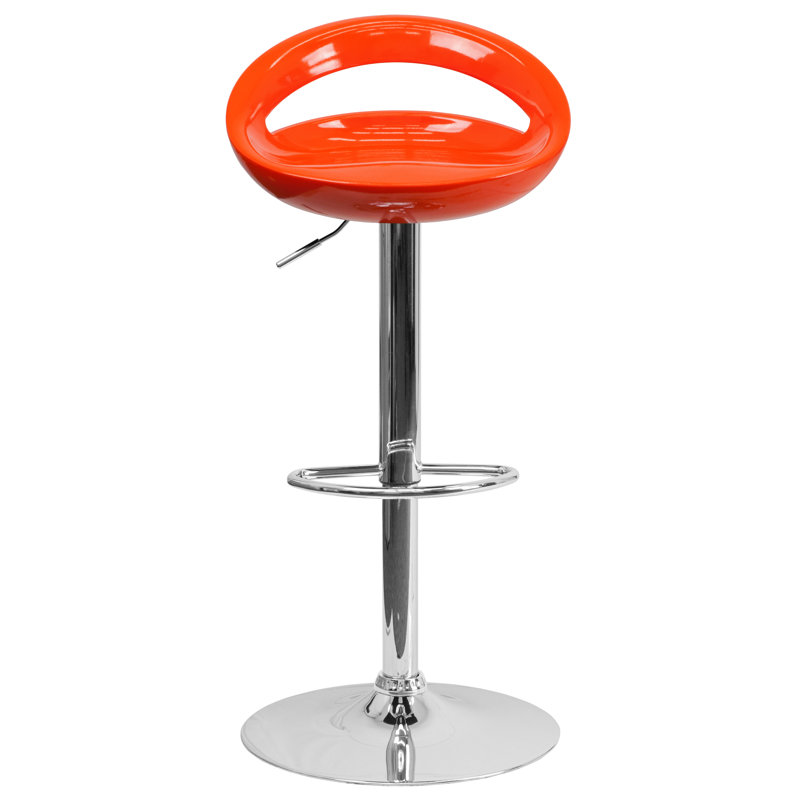Contemporary Plastic Adjustable Height Barstool with Rounded Cutout Back and Chrome Base, Orange