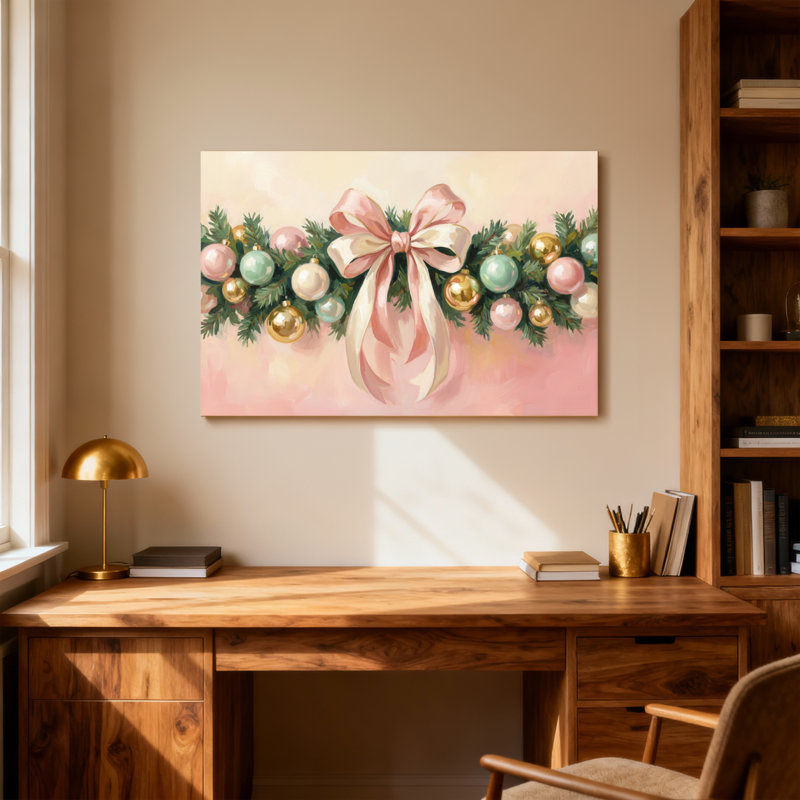 Guirlande de Noël avec nœuds roses et ornements, H 24 po x l 36 po