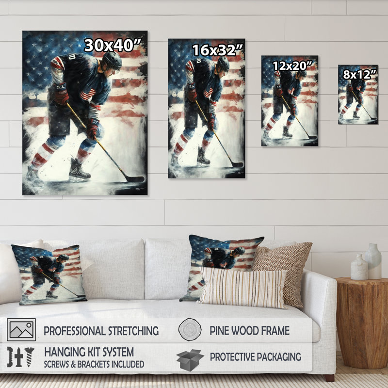 Hockey sur glace I - Peinture sur toile, H 40 po x l 30 po x P 1,5 po, Toile tendue