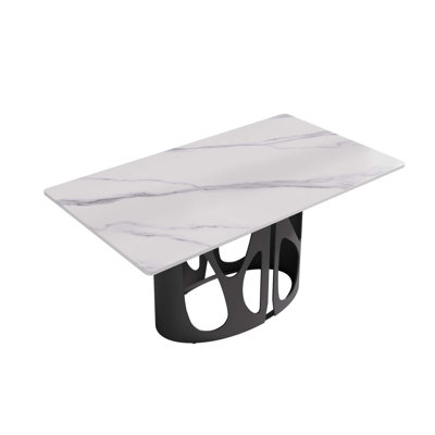 Table de salle à manger rectangulaire moderne en pierre artificielle avec pieds en fer noir