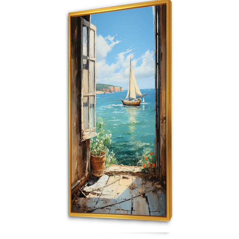 Voilier de bateau, vue sur l'océan II - fenêtres côtières, art mural, Cadre flottant doré, H 60 po x l 28 po x P 1,5 po