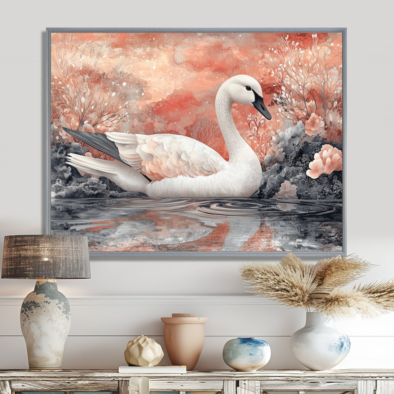 Rose cygne, reflets de l'élégance - cygnes, art mural, H 30 po x l 40 po, Avec cadre, Argent argent