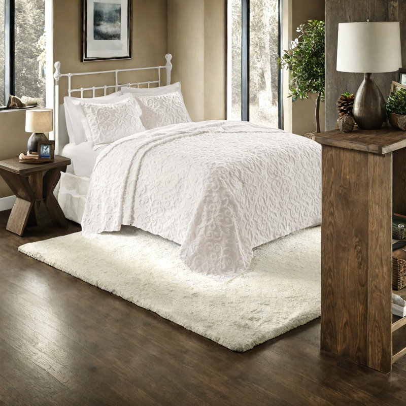Ensemble de literie chic en chenille de coton, blanc cassé, style maison de campagne pour des chambres confortables