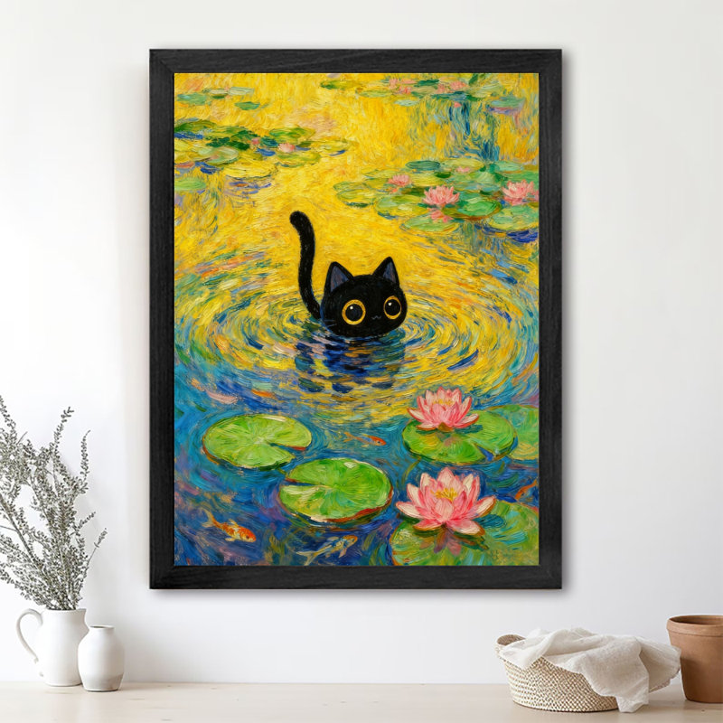 Reproduction d'art encadré noir de style rétro Monet nénuphar, H 11 po x l 9 po