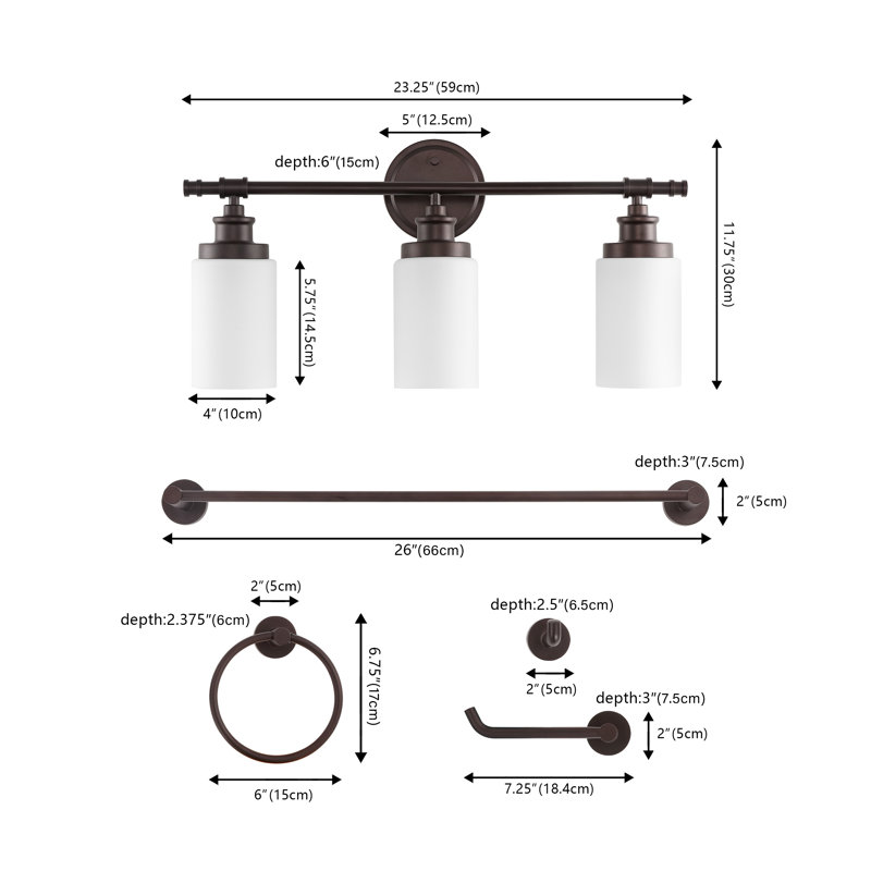 Jeneil 23.25" Vanity Light with Frosted Glass Shades and Bathroom Hardware Accessory Set, Oil Rubbed Bronze