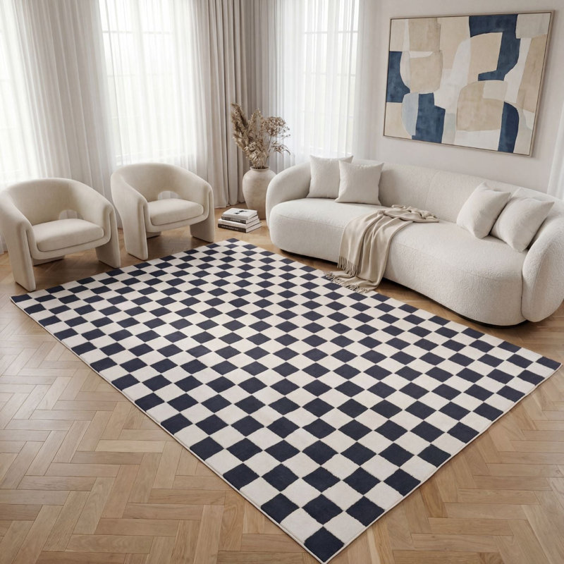 Loft Modern Checkerboard Living Room Area Rug and Runner Soft Pile, Navy/Ivory, Rectangle 120 x 170 cm