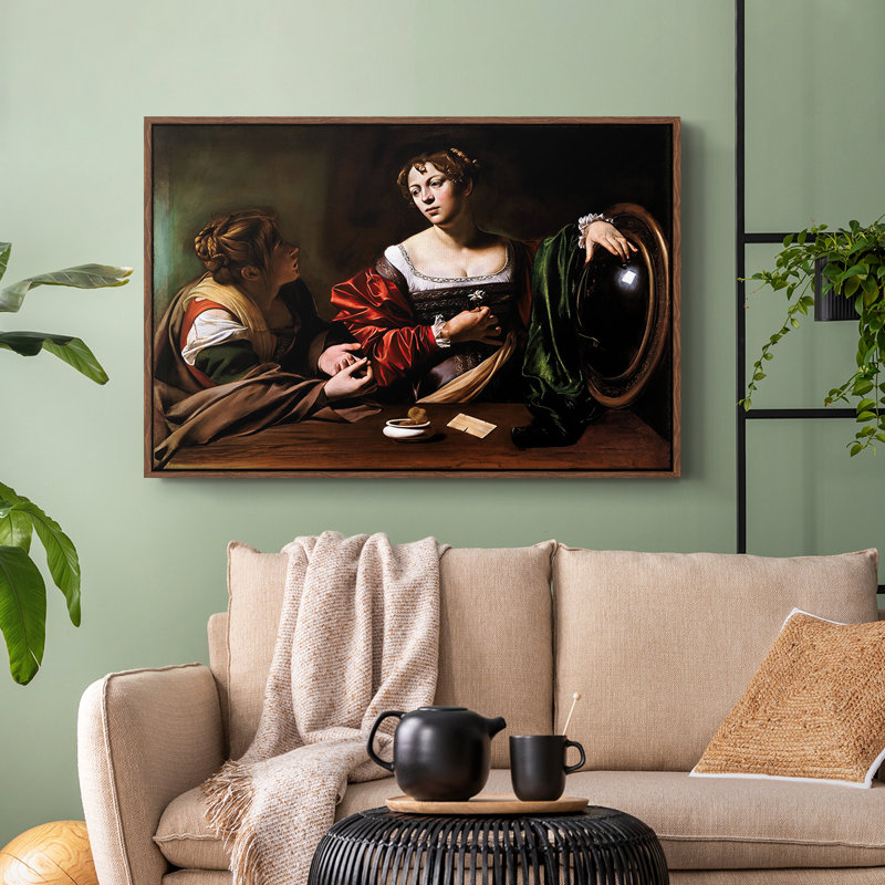 Martha et Mary Magdalene, v. 1598 - Toile tendue avec châssis Caravaggio, 24 po x 36 po, Noyer