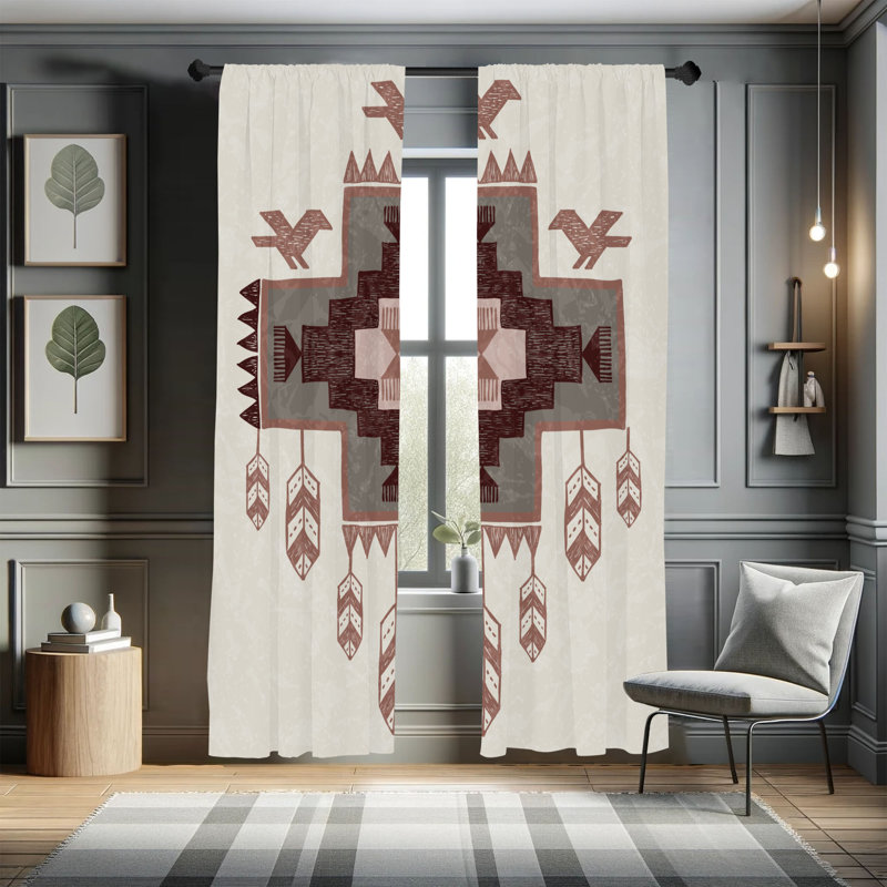 Paire de rideaux tribaux,  Taupe pâle bourgogne, L 28 po x L 84 po