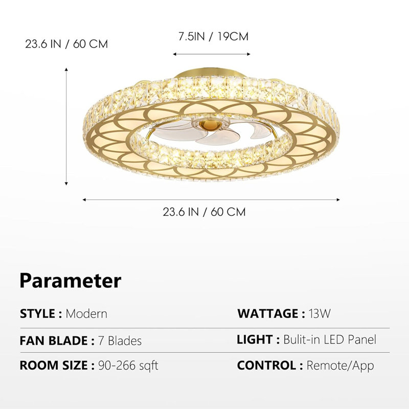 Ventilateur de plafond encastré en cristal 24 "avec lumière