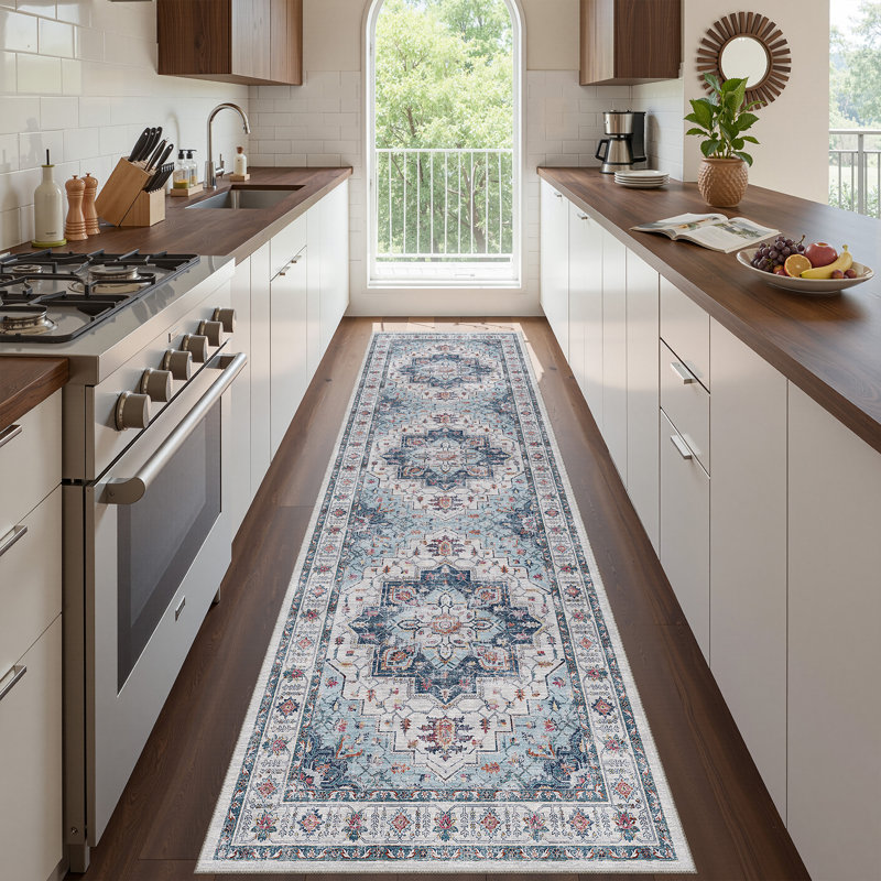 Tapis antidérapant Malila, Bleu, Tapis de couloir 2 pi x 8 pi