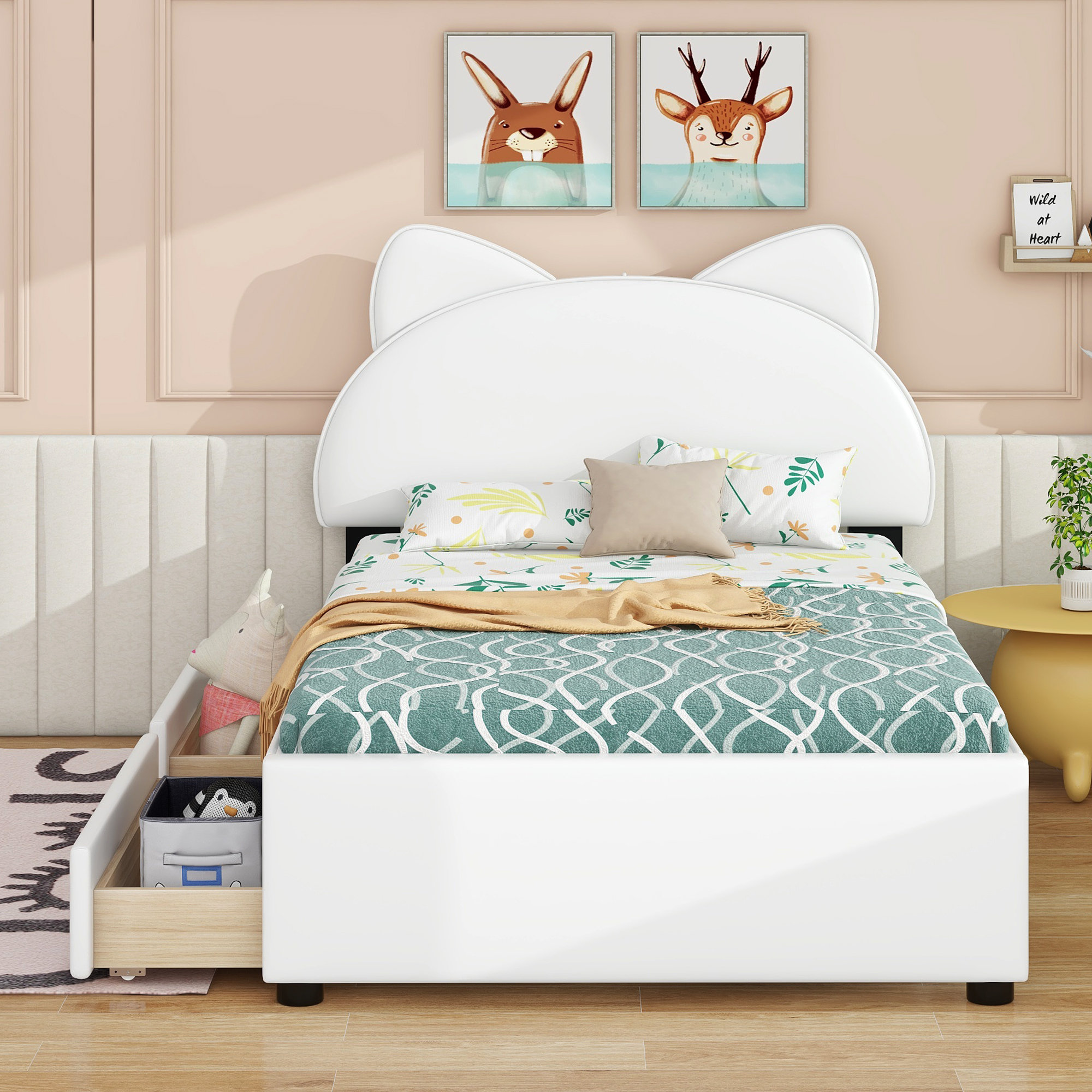 Twin Size Upholstered Platform Bed with Cartoon Ears Shaped Headboard and Light, Pink
