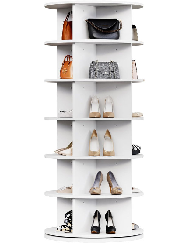 6 Tier Rotating Shoe Rack Tower for 24-28 Pairs, 360° Free Standing Spinning Shoe Storage, Round Rotate Shoe Handbag Rack for Living Room Entryway Doorway
