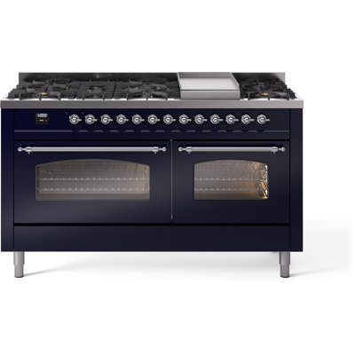 Cuisinière à double combustible ILVE Nostalgie II Series 60 po avec 9 brûleurs scellés, plaque de cuisson (propane liquide, porte vitrée)