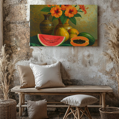Art mural mural, Abondance tropicale, nature morte avec fruits et fleurs d'hibiscus