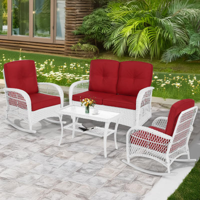 Winston Porter 4 Pieces Outdoor Wicker Patio Conversation Sets With Glider Loveseat, 2 Chairs With Coffee Table Wicker Rocking Chair Set, Patio Furniture Set With Thickened Cushions, White Wicker