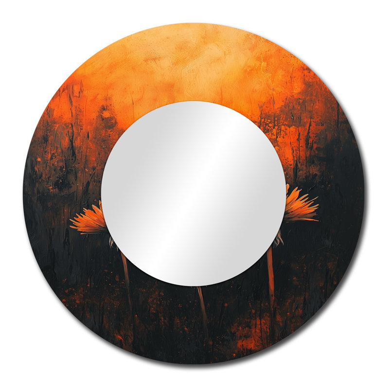 Inferno pissenlit en symétrie orange et noire - miroir mural floral - imprimé sur métal, 29 po x 29 po