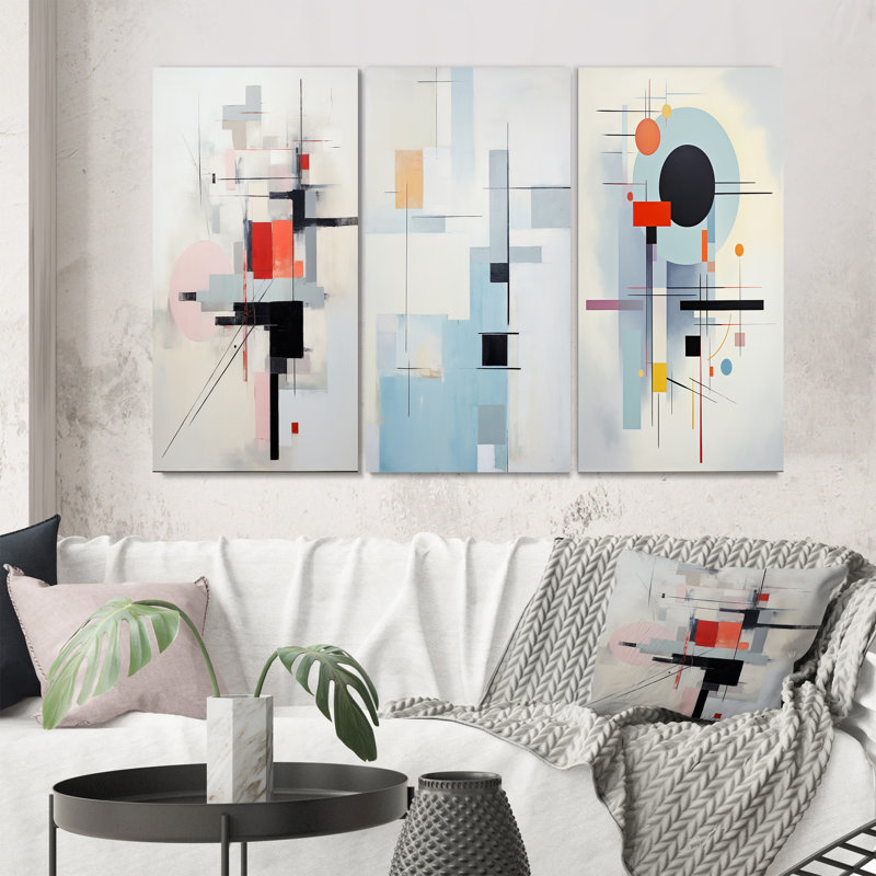 «Beige Blue Suprematism Serene Abstractions», 3 pièces sur toile, H 20 po x l 36 po, Toile tendue
