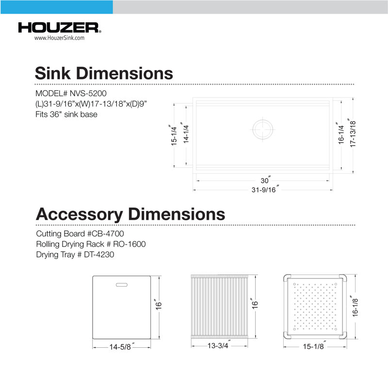 Houzer Novus Undermount Sliding Dual Deck Stainless Steel 32" Single Bowl Kitchen Sink, Includes Acc