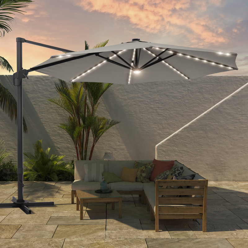 Parasol en porte-à-faux éclairé avec manivelle 132 po Agace inclus, Gris