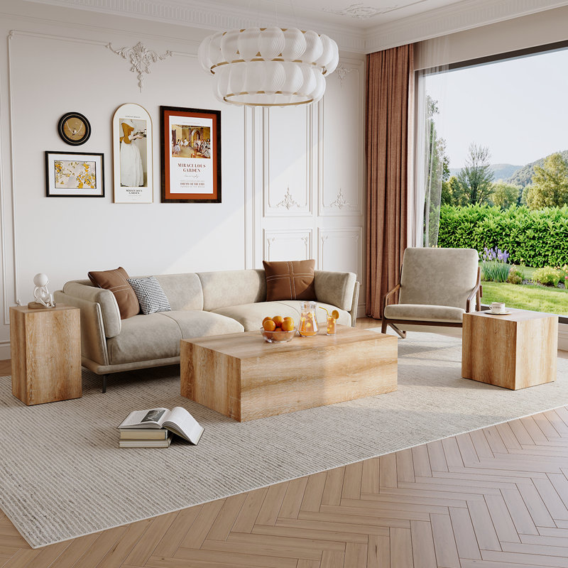 Ensemble de 3 tables basses et tables de bout modernes avec table d'appoint cubique et table d'appoint, Bois naturel