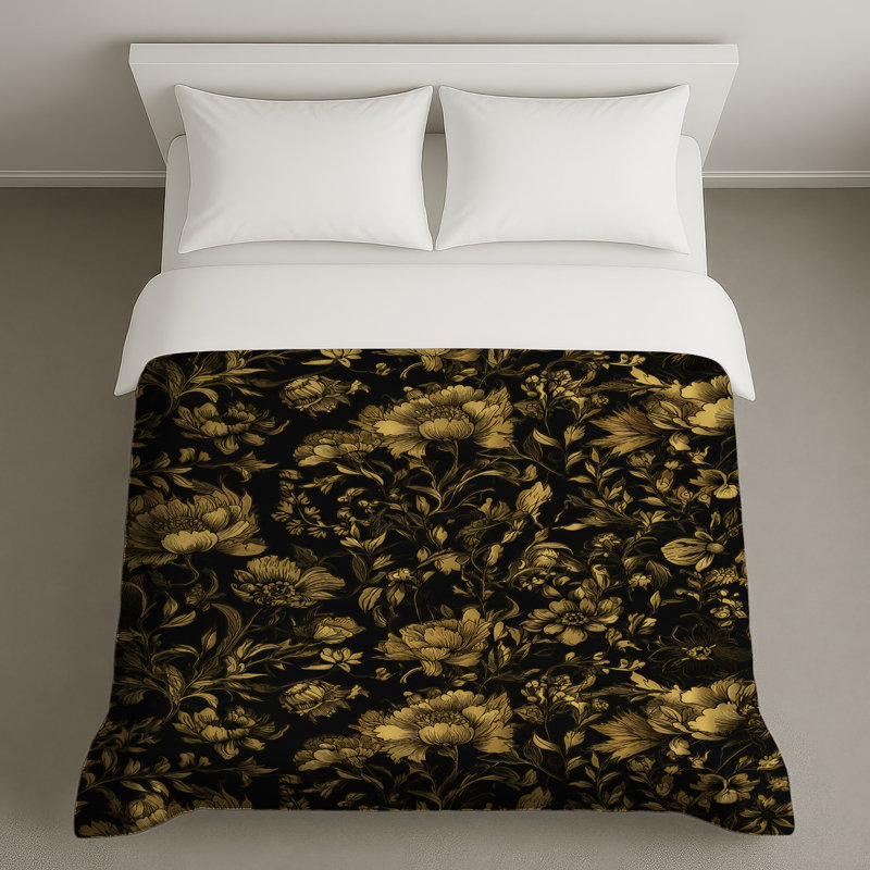 Housses de couette à motif floral doré, Très grand lit