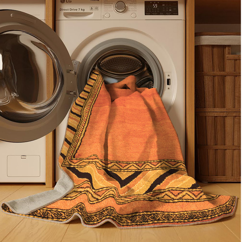 Tapis orange tissé à la machine en polyester / chenille Shivay Southwestern, Rectangle 7 pi x 9 pi