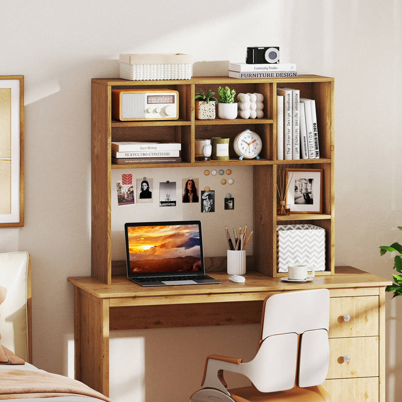 Desktop Bookshelf Desk Storage Hutch With 7 Open Cubbies & 3 Adjustable Shelves, Natural