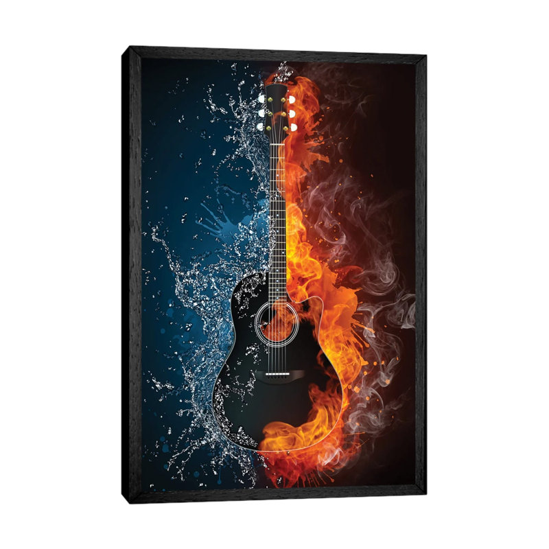 Acoustic Guitar Fire And Water - Print on Canvas, Black Framed Canvas, 66.04 cm H x 45.72 cm W