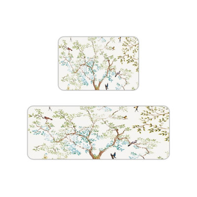 Branch Bird Art Kitchen Mats for Kitchen Bedroom, 2 PC, Off-White