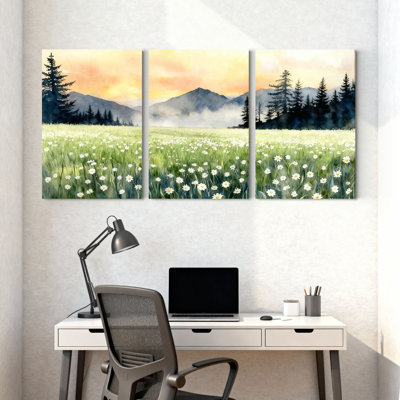 Daisy Field Mountain Landscape Canvas Wrapped Wall Art Set of 3