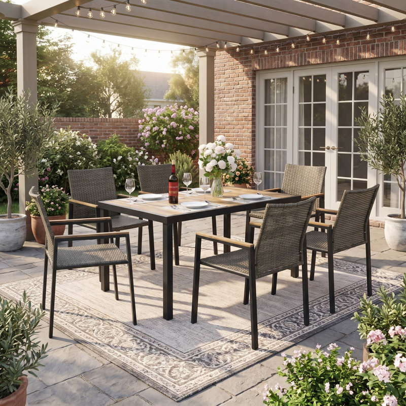 Ensemble de table de salle à manger 7 pièces toutes saisons, ensemble de conversation avec plateau en bois d'acacia et trou pour parasol pour la cour, la terrasse et la piscine