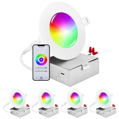 Luxrite 4 Inch Smart LED Recessed Lighting, RGBW Colour Changing, Wifi App And Voice Control, Compatible With Alexa And Google Home, No Hub Required, 10.5W 700LM, CRI 90, IC Rated, Wet Rated (4 Pack)