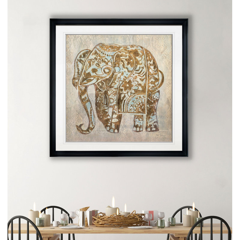 Boho Elephant - Imprimé, H 30,5 po x l 30,5 po, Impression encadrée, Plastique noir