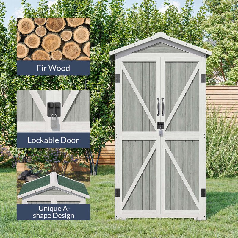 Gray and White Wooden Outdoor Storage Shed with Shelves