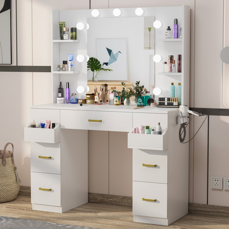 Leifsson Makeup Vanity Desk with Lighted Mirror & Power Outlet