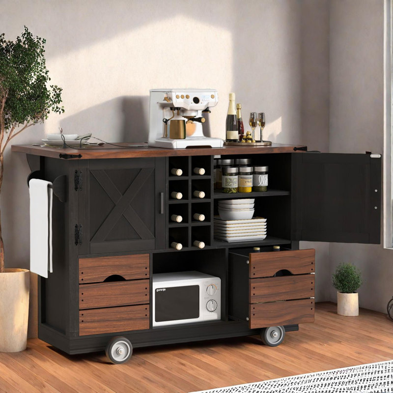 54" Farmhouse Kitchen Island with Drop Leaf and Storage, Black