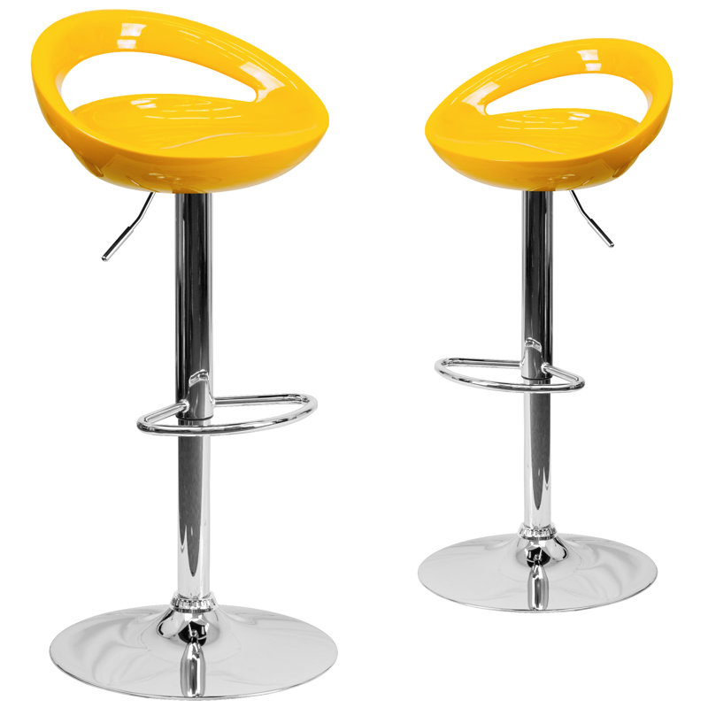 Contemporary Plastic Adjustable Height Barstool with Rounded Cutout Back and Chrome Base, Yellow