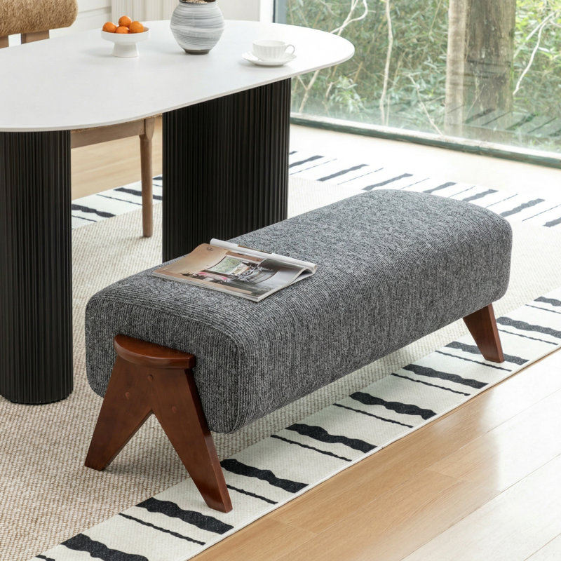 Karsen Upholstered Bench With Solid Wood Leg, Dark Gray