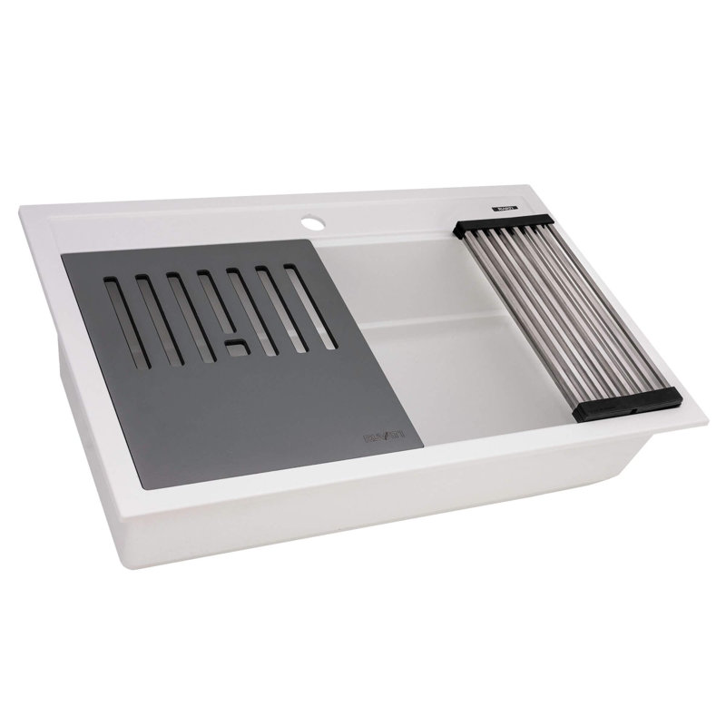 33" L x 9" W Double Basin Drop-In Kitchen Sink with Drain Assembly, White