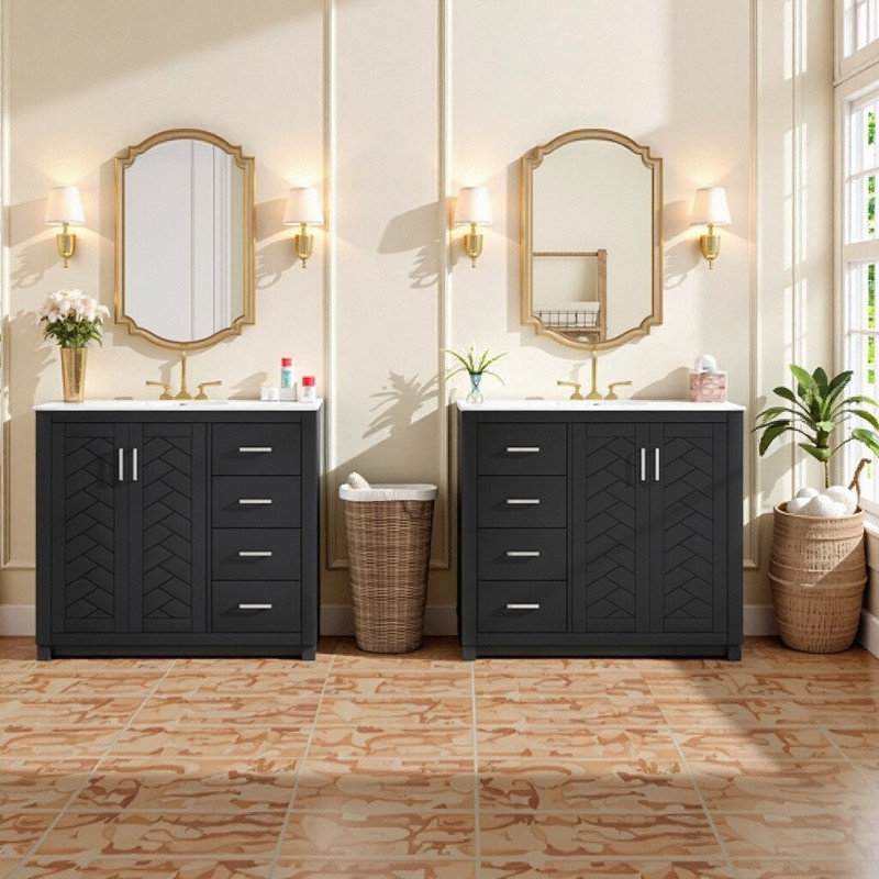 Meuble-lavabo double 72 po avec lavabo en céramique et 6 tiroirs avec portes à fermeture en douceur, Noir