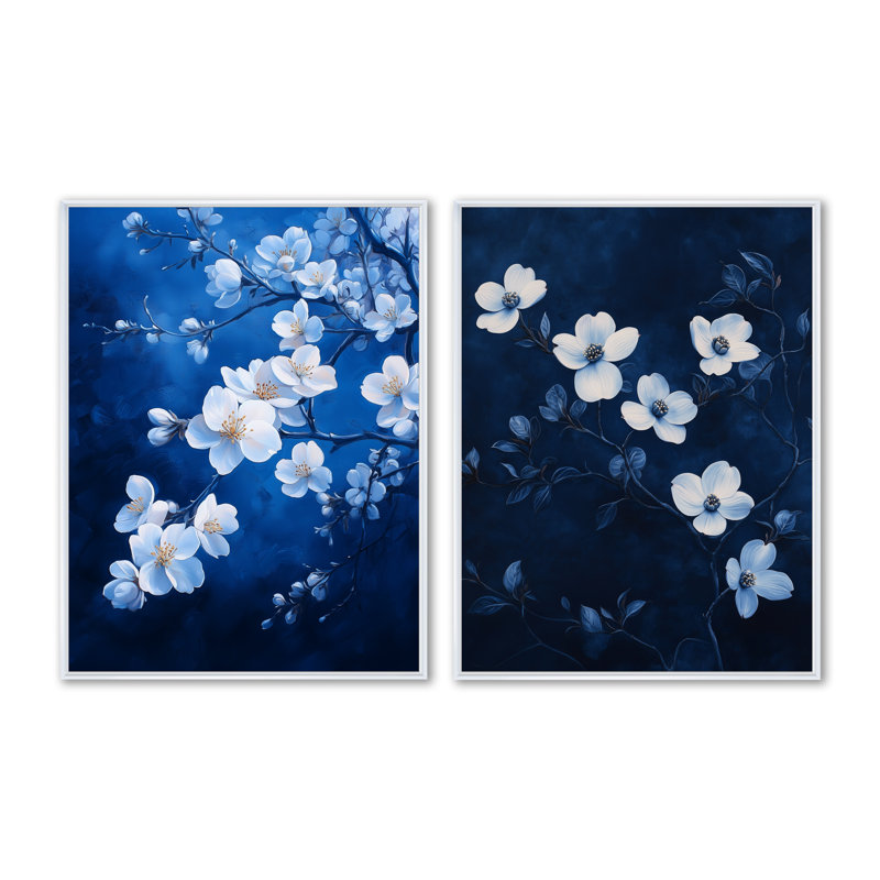 Verger de fleurs de pommiers indigo Nuit IV - Décoration murale 2 pièces Fleurs de cerisier, 32" H x 48" W