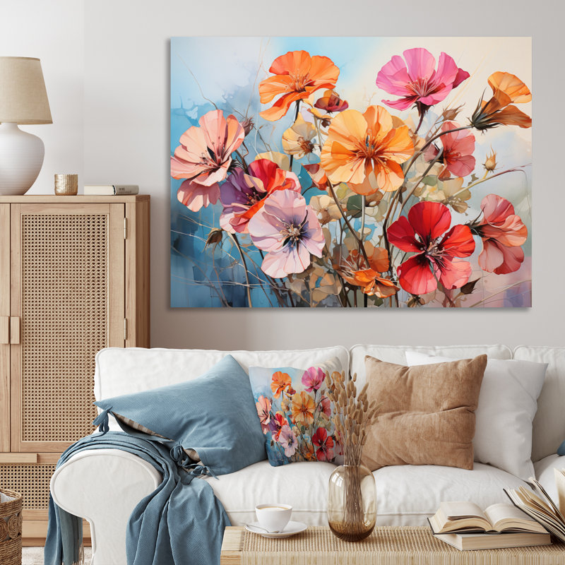 Marieka " Coral Geraniums Garden Symphony II ", Toile tendue, H 24 po x l 32 po x P 1 po