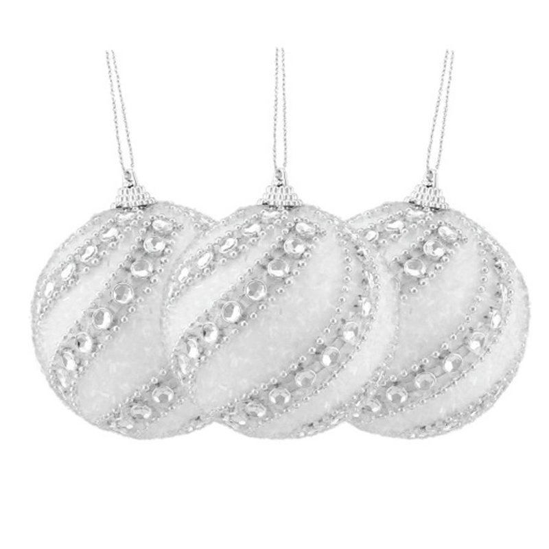 Ornements en forme de boule de Noël incassable perlée et scintillante 3ct (75mm) blanc et argent 3ct